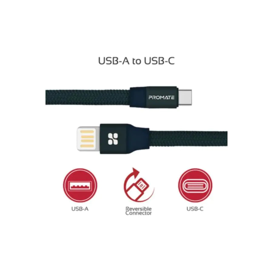 كابل بروميت المصنوع من الألومنيوم، قابل للعكس، من نوع USB-A إلى USB-C، قابل للطي التلقائي، مصنوع من قماش متين عالي الجودة، بطول 1 متر - أزرق 