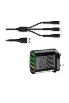 PLATINUM Vital Series Quad USB Charger + 3-in-1 Cable (Black)