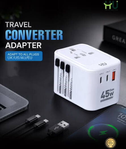HAC-1001 HU Travel Plug Adapter 2000W – 45W White, UK/US/AU/EU
