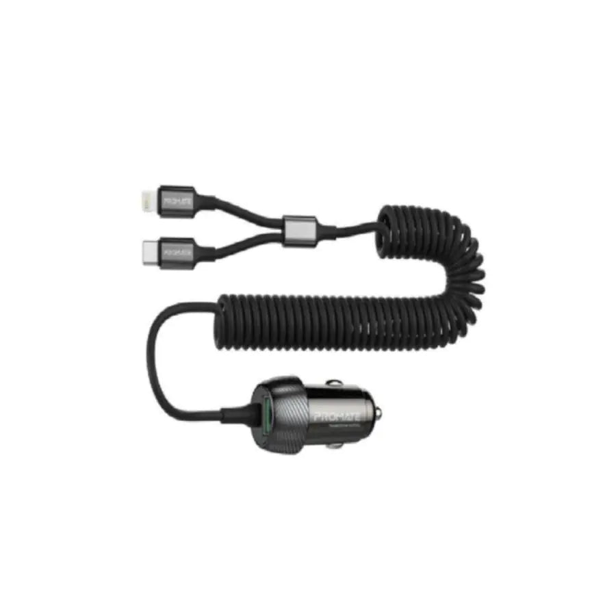 PROMATE 33W Car Charger with Quick Charge 3.0, 30W USB-C & 20W Lightning Coiled Cable