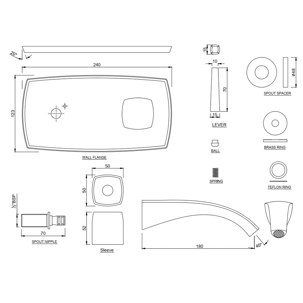 Exposed Part Kit of Joystick Basin Mixer Wall Mounted - Chrome