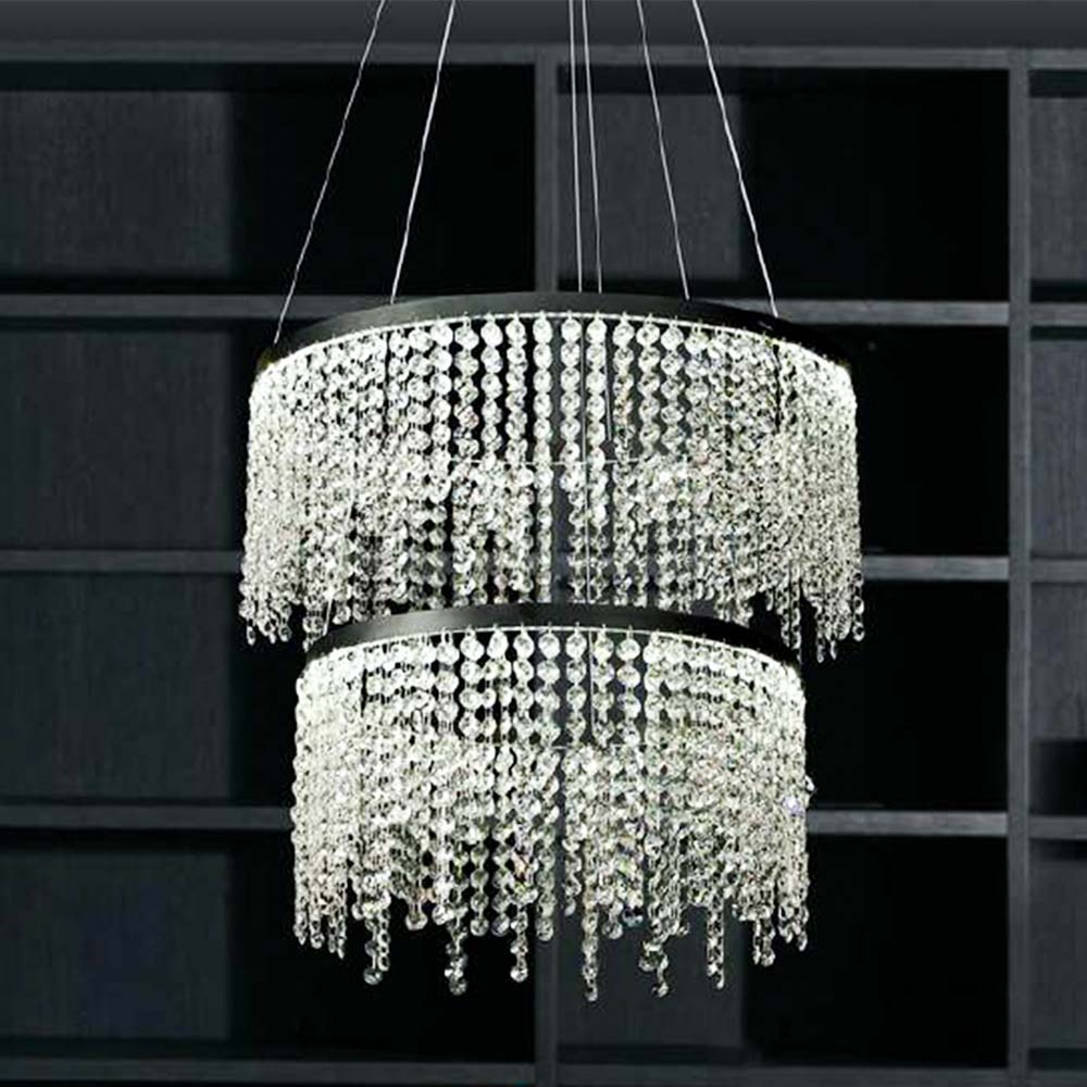 Modern 2-round Black Steel Dimmable Crystal Led Chandelier