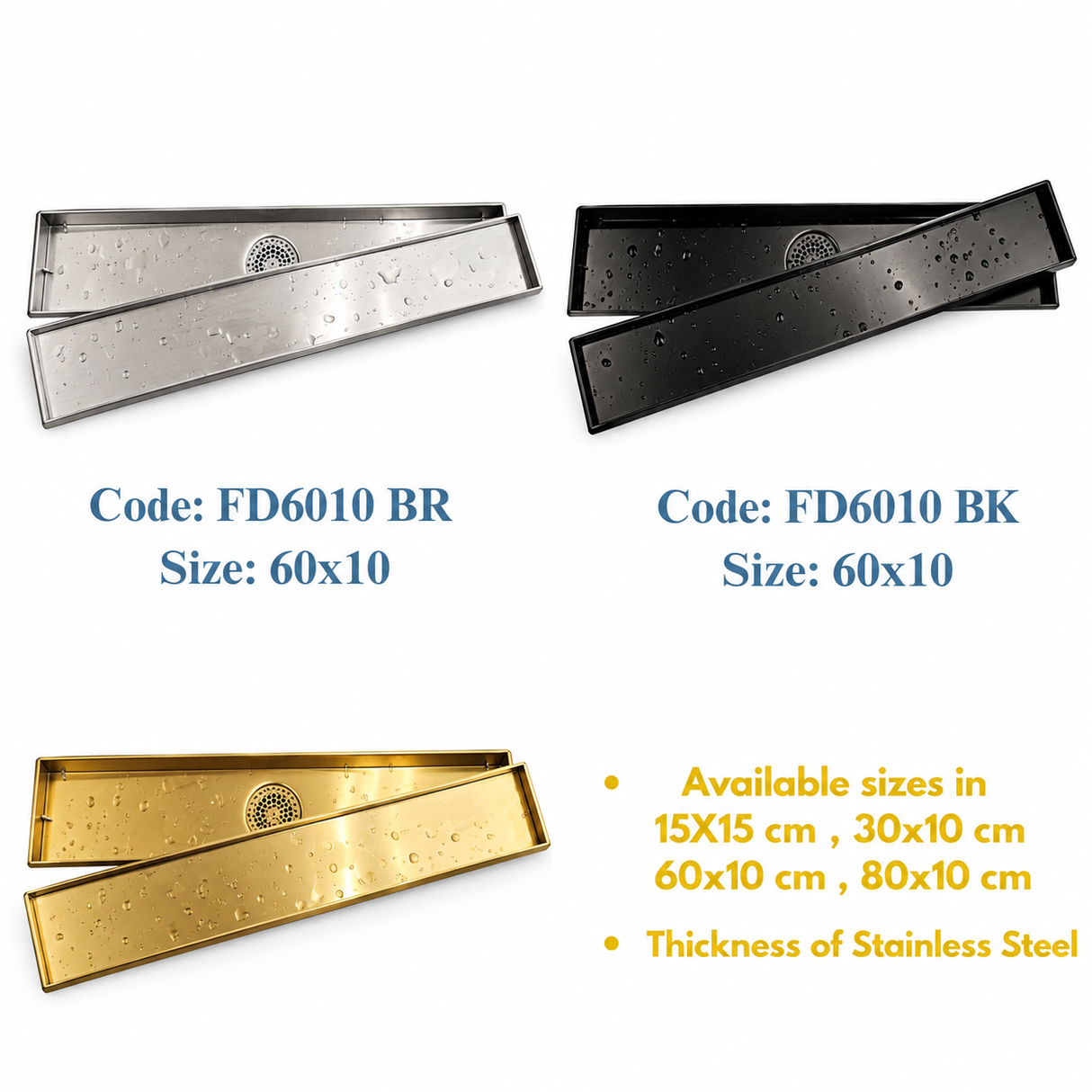 60×10 cm Linear Floor Drain with 4-Inch Outlet – Gold Finish