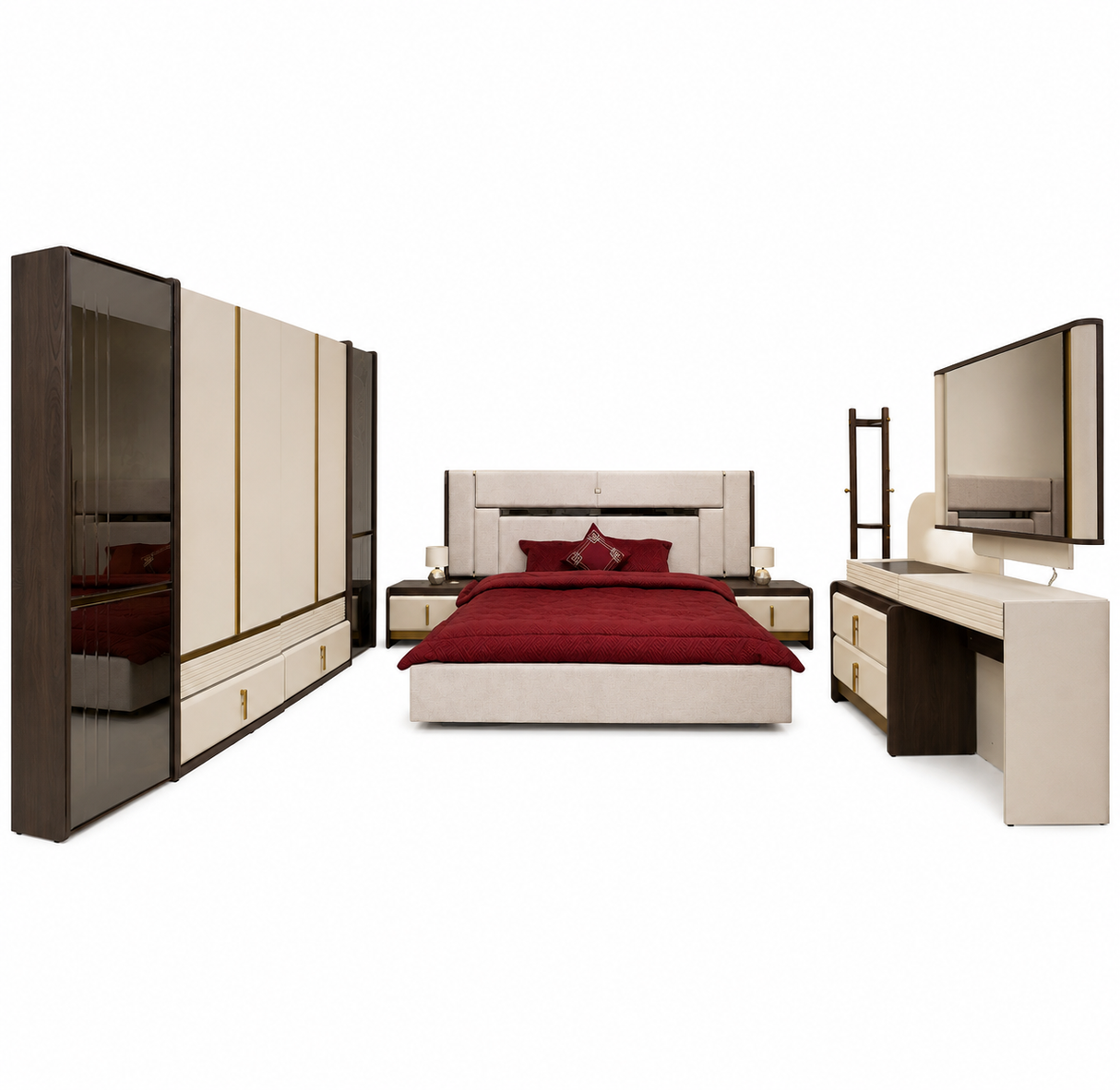 طقم غرفة نوم زين – 180×200 سم (خزانة ملابس، ترابيزة، تسريحة) 