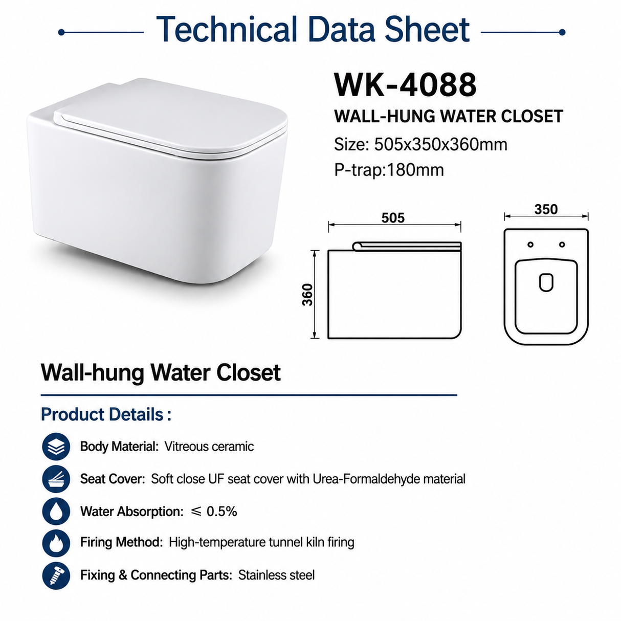 Wall Hung Toilet P-Trap 180mm UF Seat Cover 4088