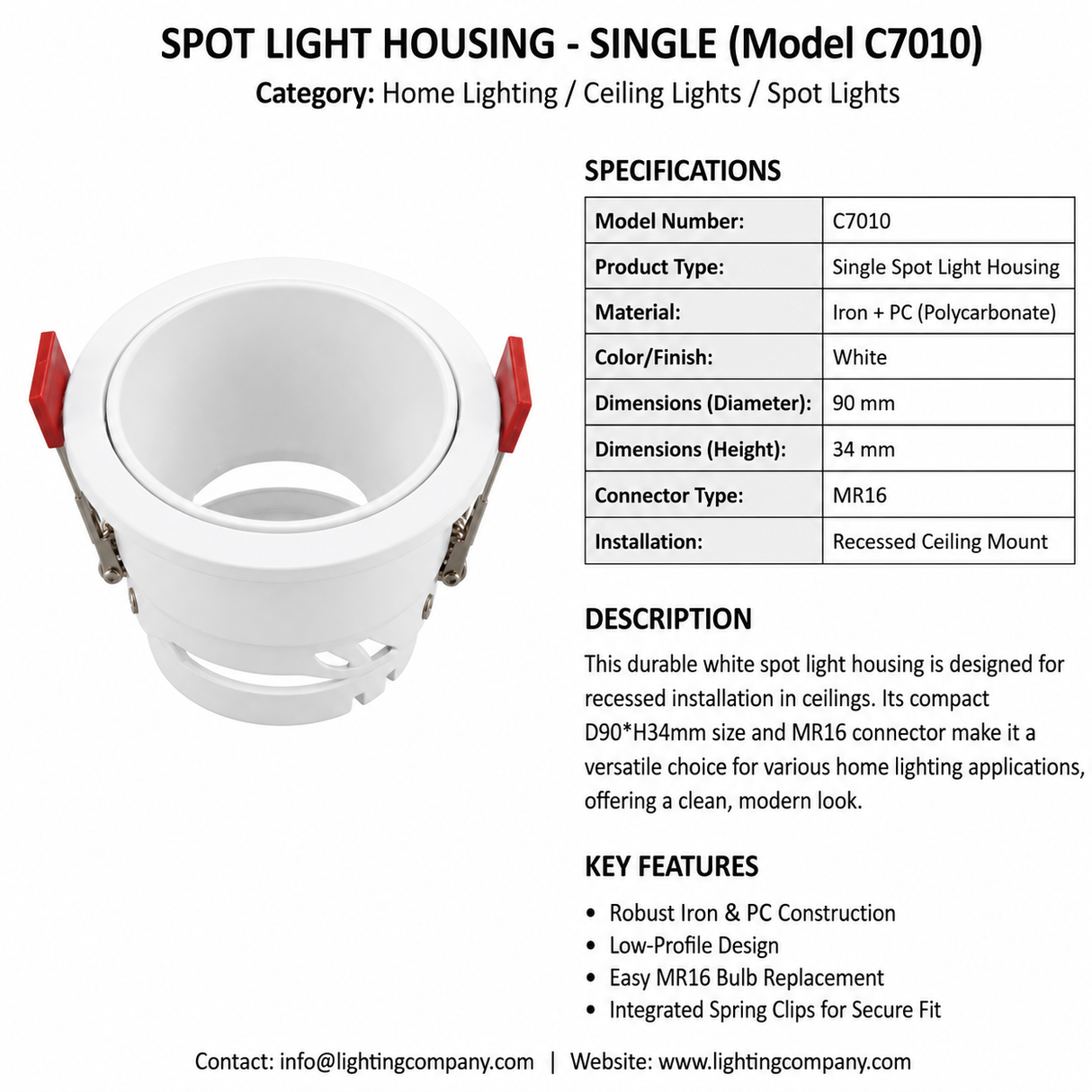 Single Spot Light Housing White MR16 Connector – C7010