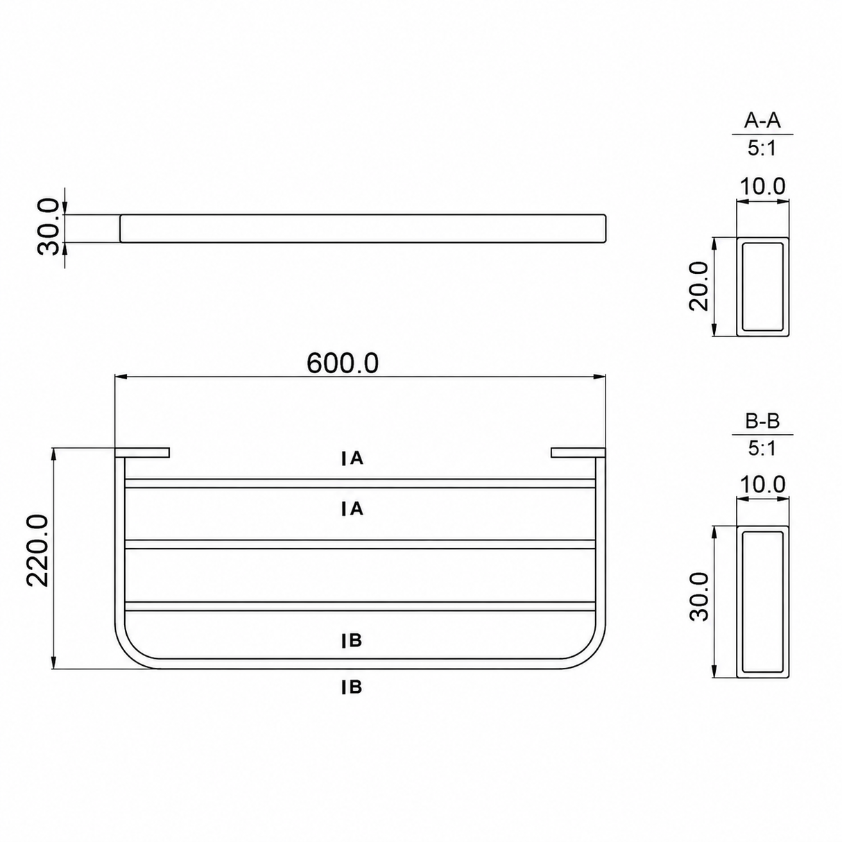 Towel Rack 3+1 Rail 600mm - (matt Black)