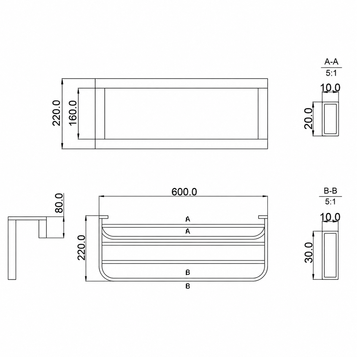 Towel Rack 3-rail 600mm - (matt Black)