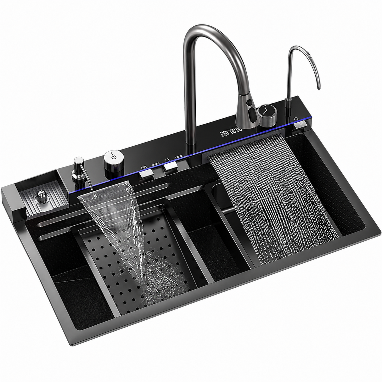 750×450mm Black Stainless Steel Single Bowl Kitchen Sink with Multifunction Waterfall Faucet Set