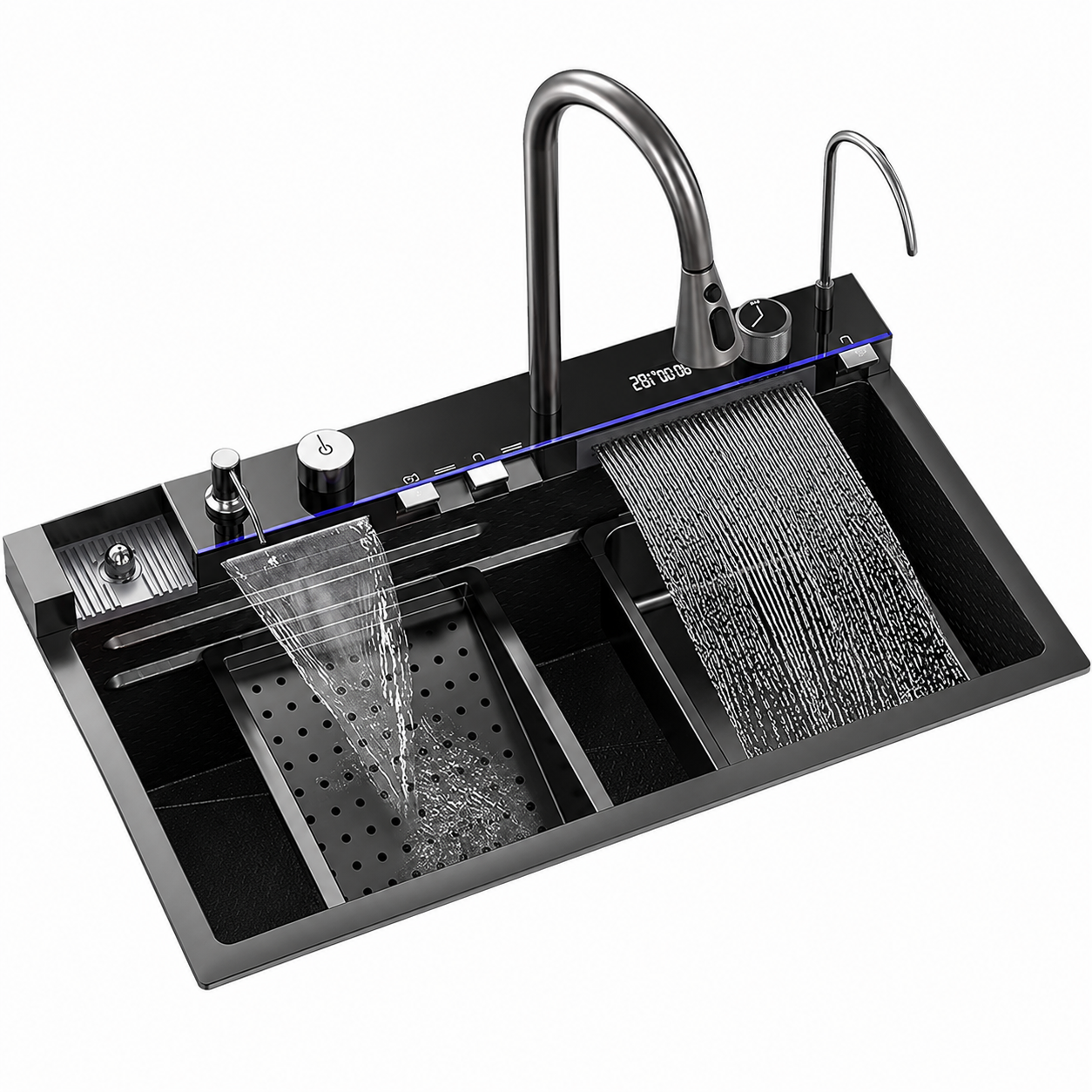 750×450mm Black Stainless Steel Single Bowl Kitchen Sink with Multifunction Waterfall Faucet Set