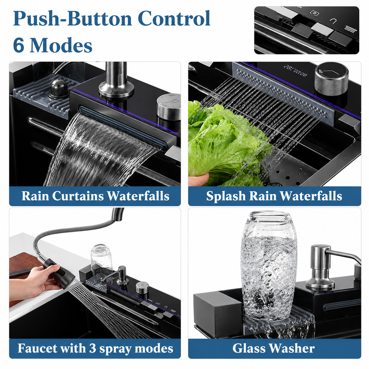 750×450mm Black Stainless Steel Single Bowl Kitchen Sink with Multifunction Waterfall Faucet Set