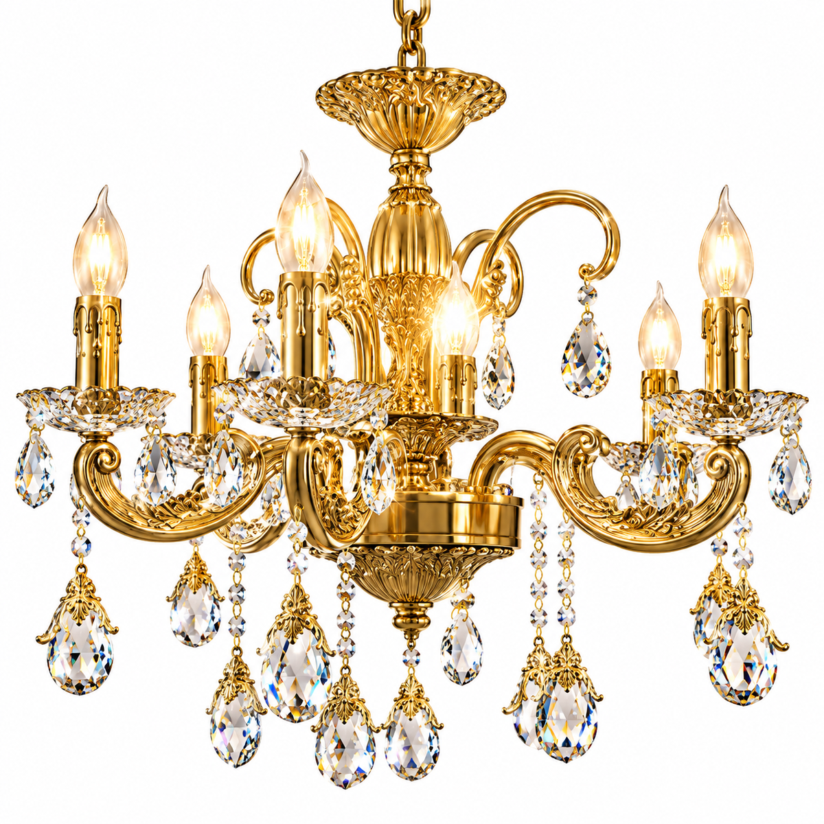 Vintage Antique Brass And Crystal Chandeliers Light