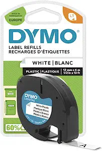 Dymo S0721660 LetraTag Plastic Tape, Self-Adhesive, 12 mm x 4 m Roll, Black Print on White Qatar