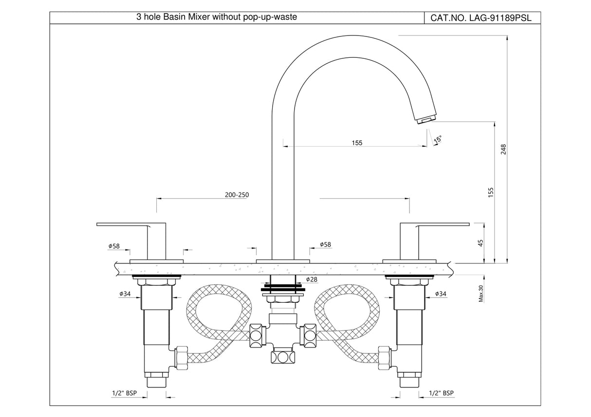 3-Hole Basin Mixer with Pipe Spout - Blush Gold PVD