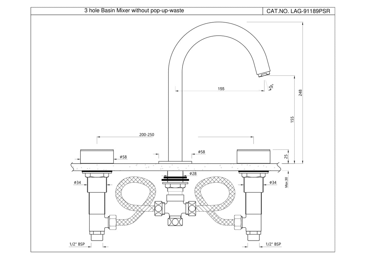 3-Hole Basin Mixer with Pipe Spout - Blush Gold PVD