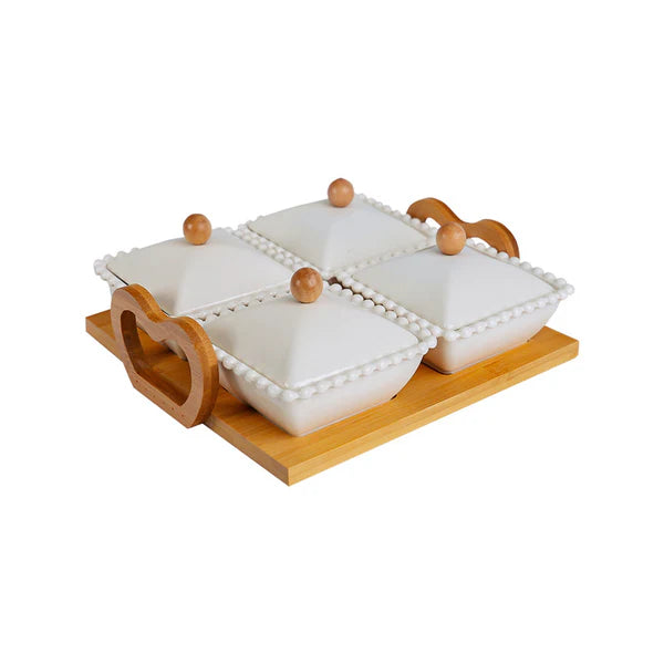 Red Cherry 4 Piece Dish With Bamboo Stand