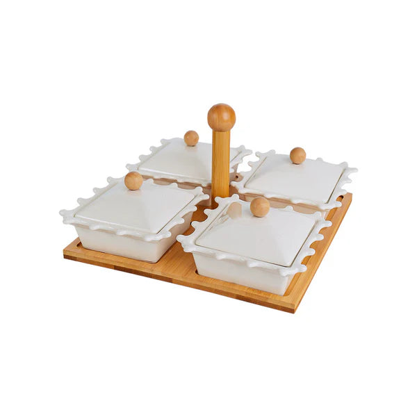 Red Cherry 4 Piece Dish With Bamboo Stand