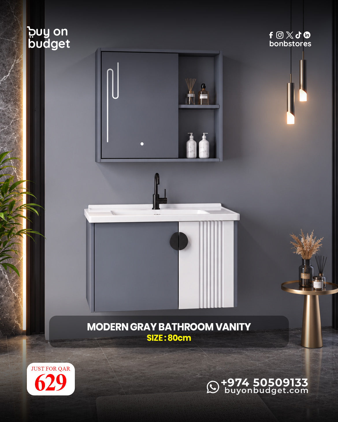 Modern Grey Bathroom Vanity 80 cm