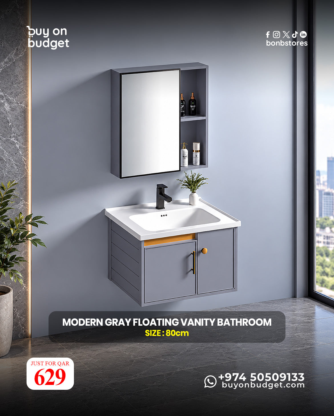 Modern Gray Floating Bathroom Vanity Set 80 cm