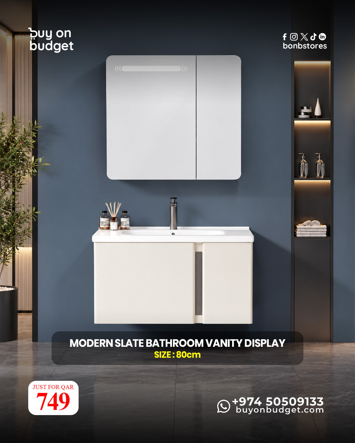 Modern Slate Bathroom Vanity Display 80 cm