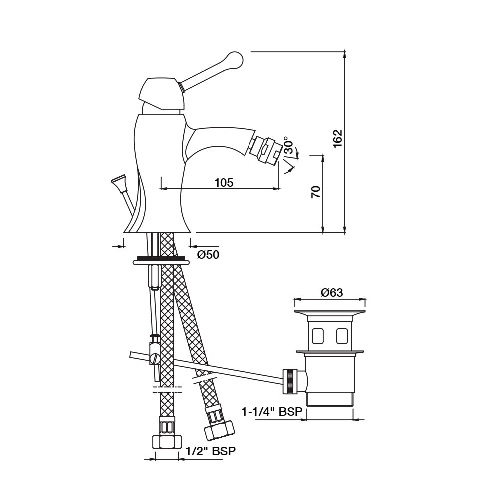 Single Lever 1-Hole Bidet Mixer with Popup Waste System - Chrome