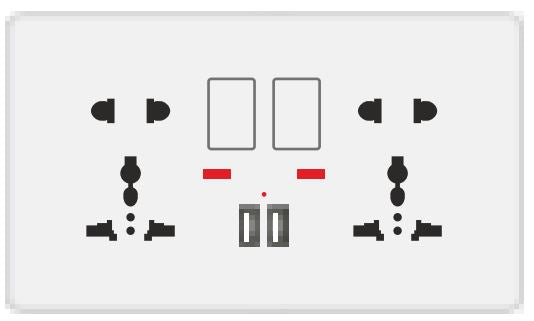 “Twin 5 Pin Switched Socket with Neon & 2 USB – White (G5 507)”