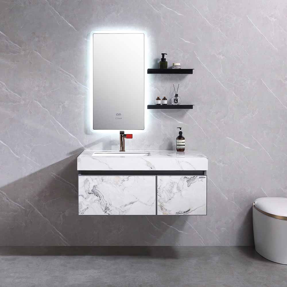 Vanity Cabinet With Led Touch Illuminate Mirror - White Marble Effect (1 Set Of 3 Cartoon)