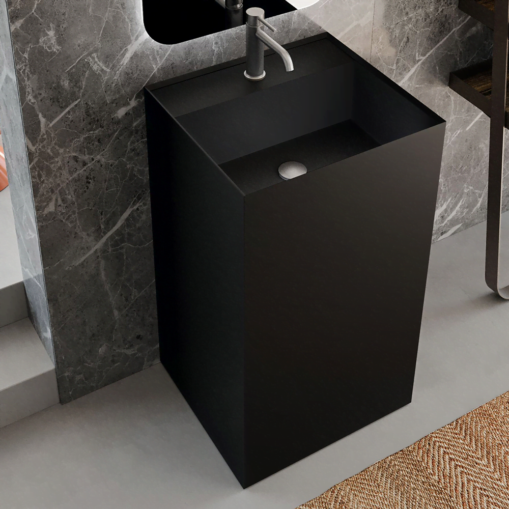 Solid Surface Pedestal With Drain Wash Basin - Matt Black