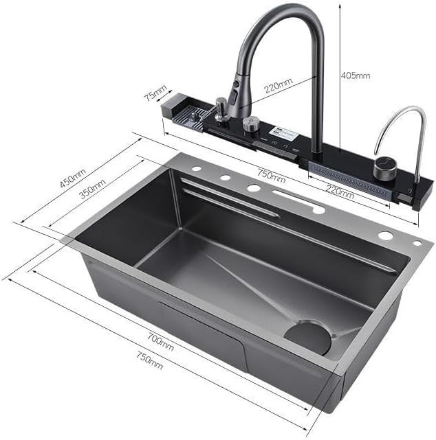 750×450mm Black Stainless Steel Single Bowl Kitchen Sink with Multifunction Waterfall Faucet Set