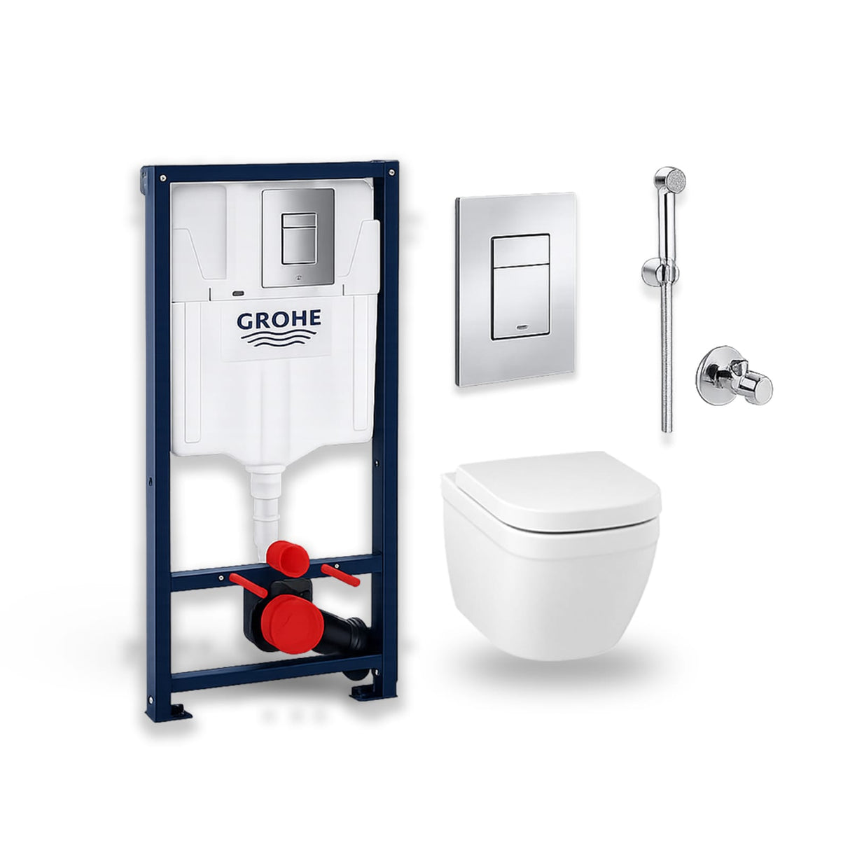 GROHE Euro Ceramic Wall Hung WC Complete Set with Soft Close Seat, 3-in-1 WC Set, Tempesta-F Trigger Spray & Angle Valve 3932800H