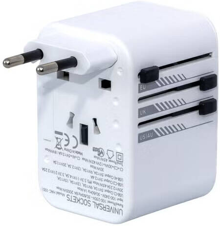 HAC-1001 HU Travel Plug Adapter 2000W – 45W White, UK/US/AU/EU
