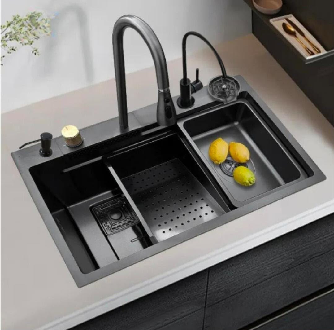 Black Double Bowl Stainless Steel Kitchen Sink with Pull-Out Faucet, Glass Rinser & Soap Dispenser