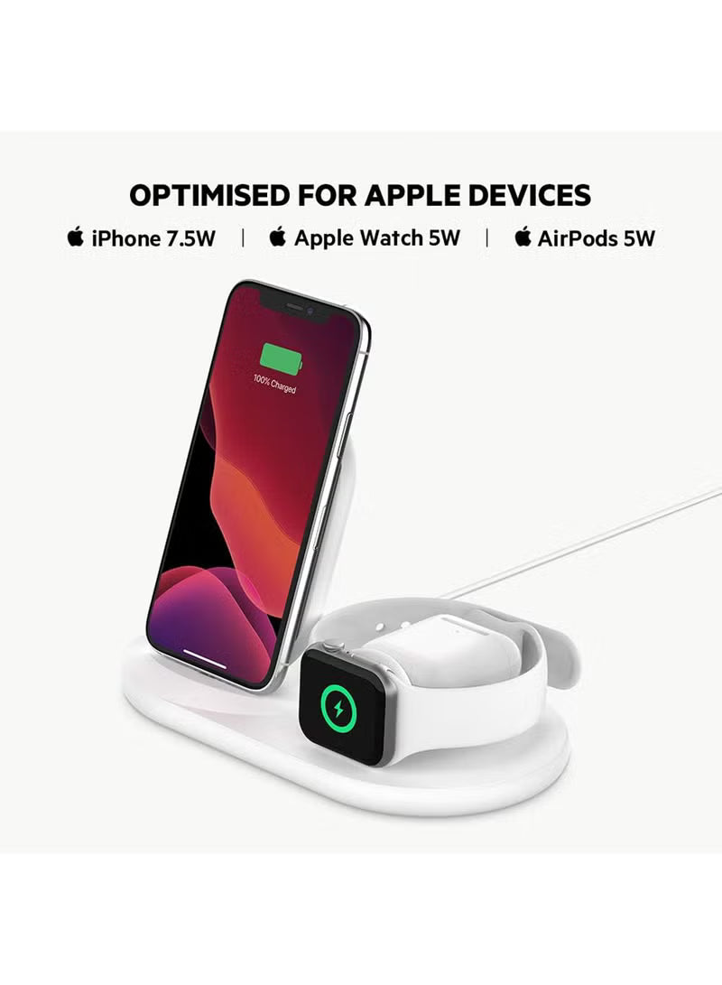 BoostCharge Pro 3-In-1 Wireless Charger - 7.5W Fast Qi Certified For iPhone 15/14/13/12/11 Series, Earlier Models, Apple Watch Series 5/4/3/2/1, Airpods Pro And QI Enabled Devices White