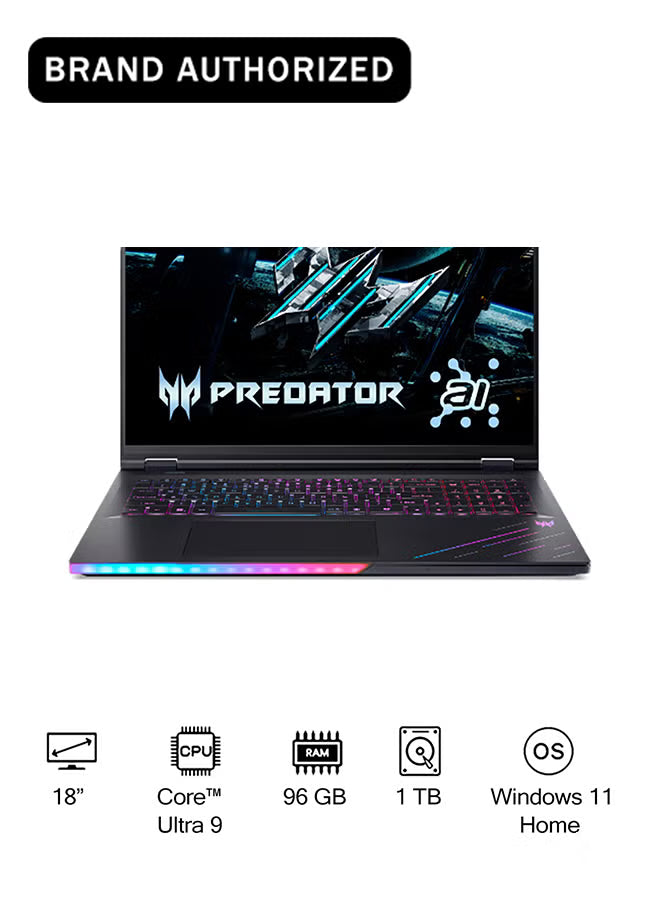 Acer Predator Helios PH18 Gaming Laptop, Core Ultra 9-275HX, 96GB RAM, 1TB SSD, RTX 5080 16GB, 18-Inch WQXGA Display, Windows 11 Pro, Black