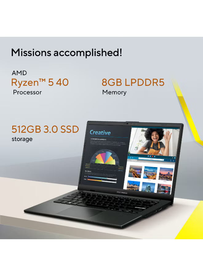 ASUS Vivobook Go 14 14-Inch Laptop, AMD Ryzen 5, 8GB RAM, 512GB NVMe SSD, AMD Radeon Graphics, Windows 11 Home, Mixed Black