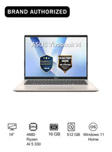 ASUS Vivobook 14 Laptop – Ryzen AI 5 330, 16GB RAM, 512GB SSD, 14-Inch Display, Windows 11 Home, Platinum Gold