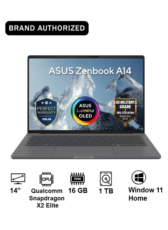 ASUS Zenbook A14 14" Laptop – Qualcomm Snapdragon X2 Elite, 16GB RAM, 1TB PCIe Gen 4 SSD, Qualcomm UMA Graphics, Windows 11 Home, Matte Gray