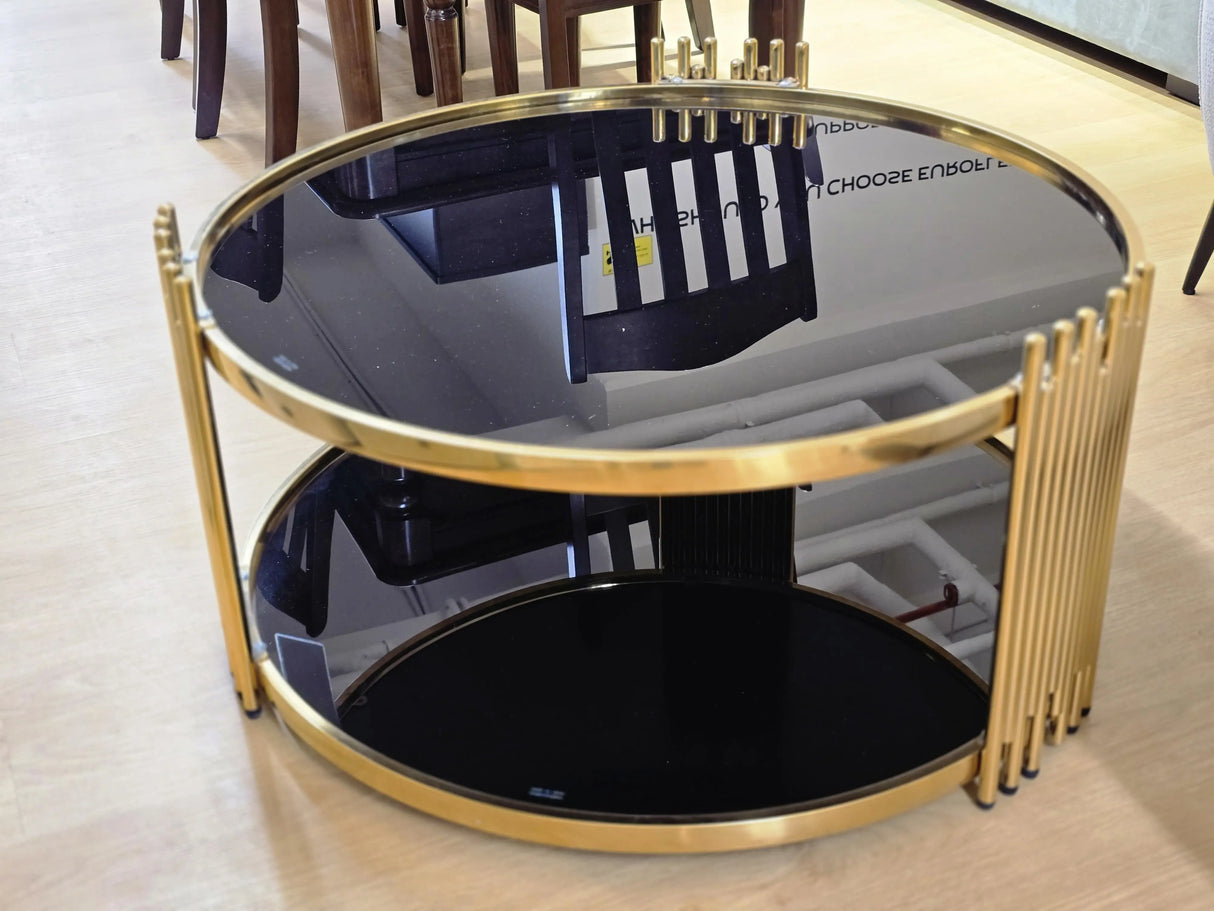 Round Luxury Coffee Table – 803# (Gold & Black Glass, 90×90)