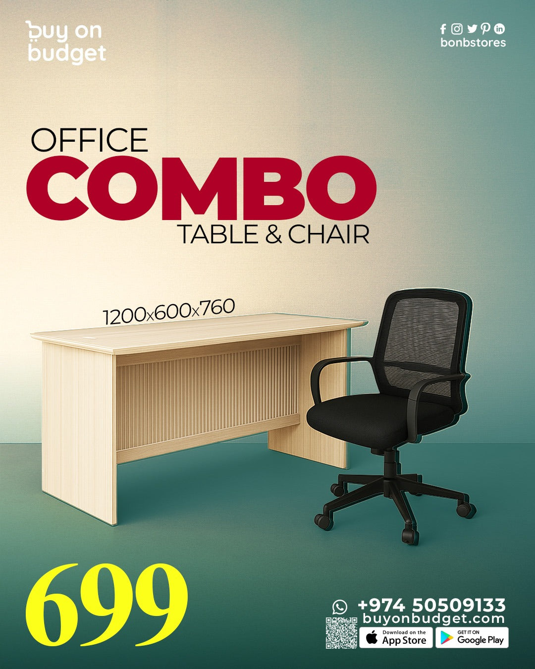 عرض خاص للمكتب: طاولة مكتب A5-012 + كرسي مكتب أسود 292 (1200×600×760)