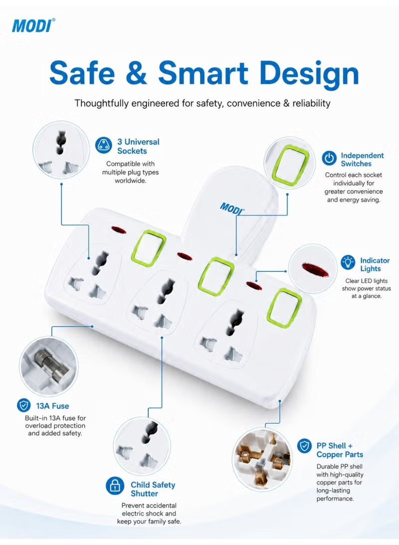 Q137 MODI 3-Way Universal Wall Socket 13A MD-HWA6030