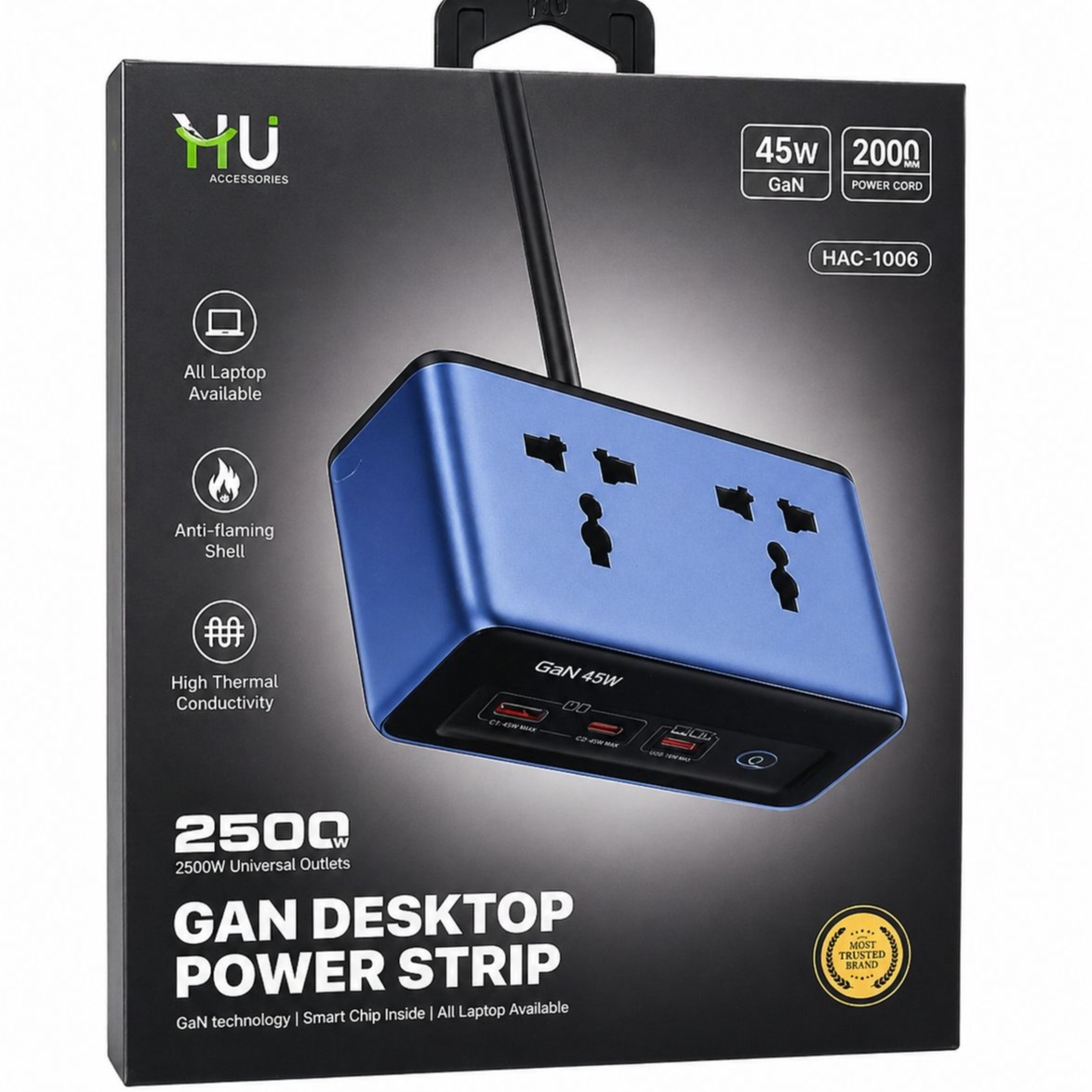 HAC-1006 GaN Desktop Power Strip 2500W with 45W USB Fast Charging