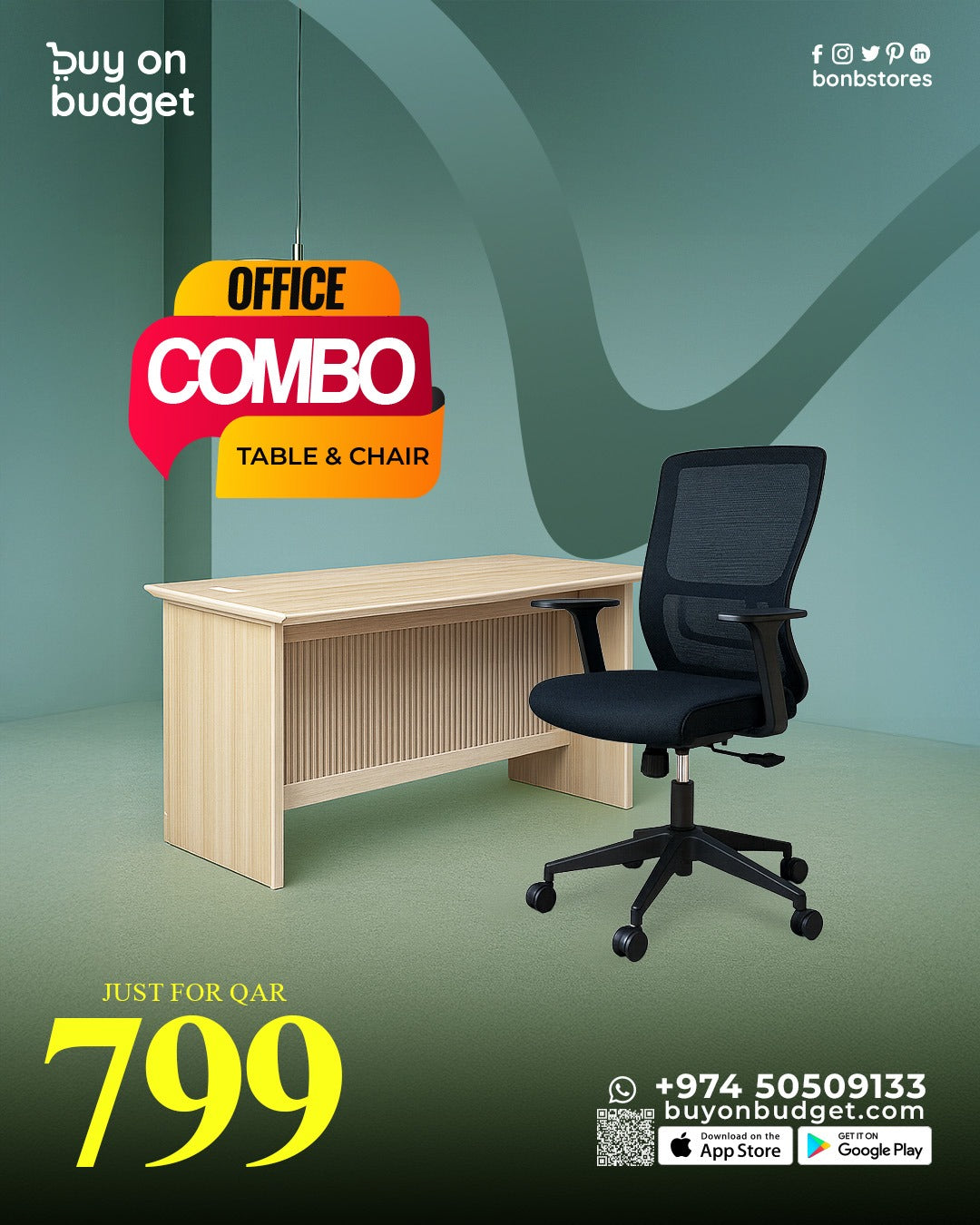 كرسي مكتب مريح T941N1 + طاولة مكتب A5-012 (1200×600×760)