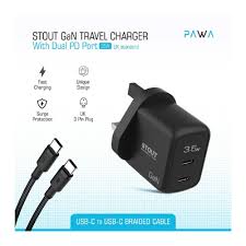 PAWA STOUT GAN TRAVEL CHARGER WITH DUAL PD PORT 45W WITH BRAIDED TYPE-C TO TYPE-C CABLE