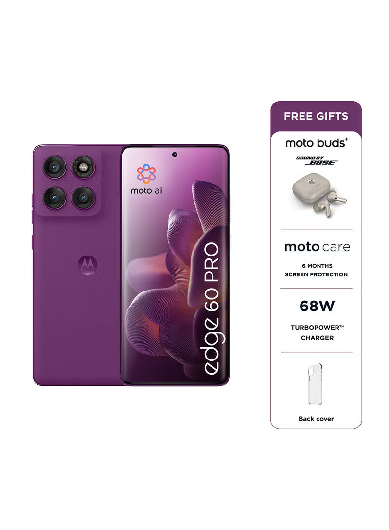 Edge 60 Pro 5G Dual SIM PANTONE Sparkling Grape 12GB+12GB RAM 512GB with free Moto Buds+, 68W Turbo Charger, and 6 months screen protection - Middle East Version