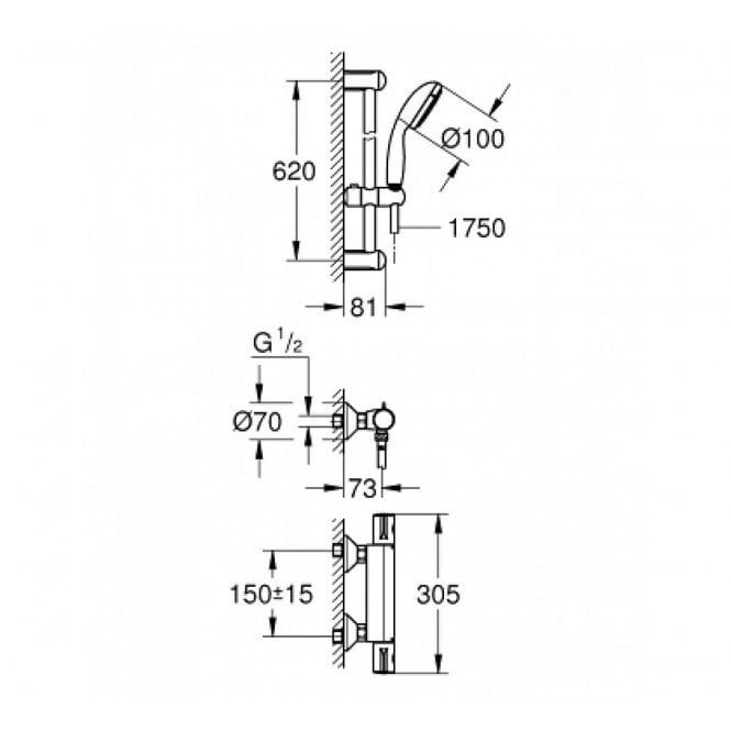 GROHE Grohtherm 800 Thermostatic Shower Mixer 1/2" With Exposed Shower Set Chrome