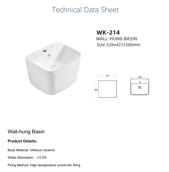 Wall Hung Basin – 528×427×380 mm, Ceramic, White, Space-Saving Bathroom Sink  WK-214