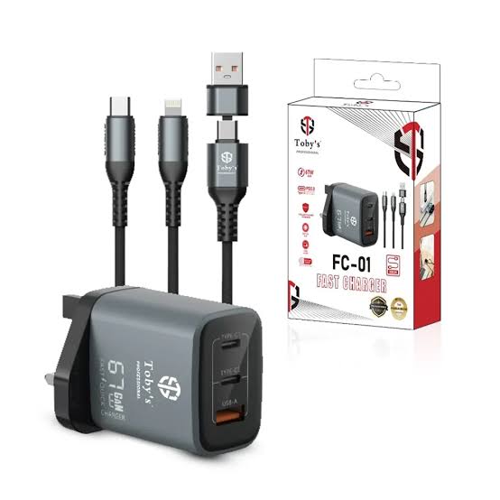 Toby’s FC-01 67W GaN Fast Charger, Dual USB-C & USB-A, UK Plug with Type-C & Lightning Cable