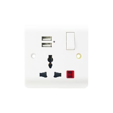 R094 MODI Bakelite 13A 1 Gang Switched Multi Function Socket with Neon & USB MD-HWD5014 – Universal Wall Socket