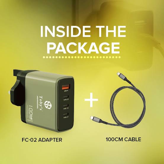 Toby’s FC-02 100W GaN Fast Charger, 3 USB-C & USB-A Ports, UK Plug with 1m Cable