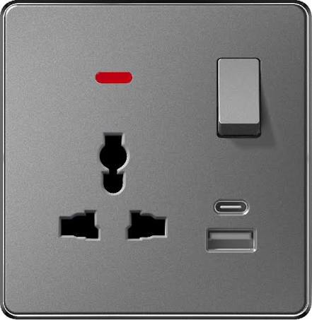 FE411 V7 Gray V7-041 Multi Function Socket + 2 USB with Switch & Neon